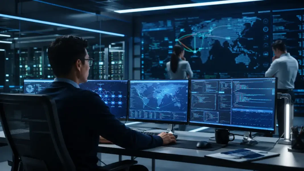 Seorang profesional keamanan siber sedang memantau sistem keamanan digital dengan tampilan dashboard analitik, server modern, dan visualisasi jaringan data di ruang operasi berteknologi tinggi.