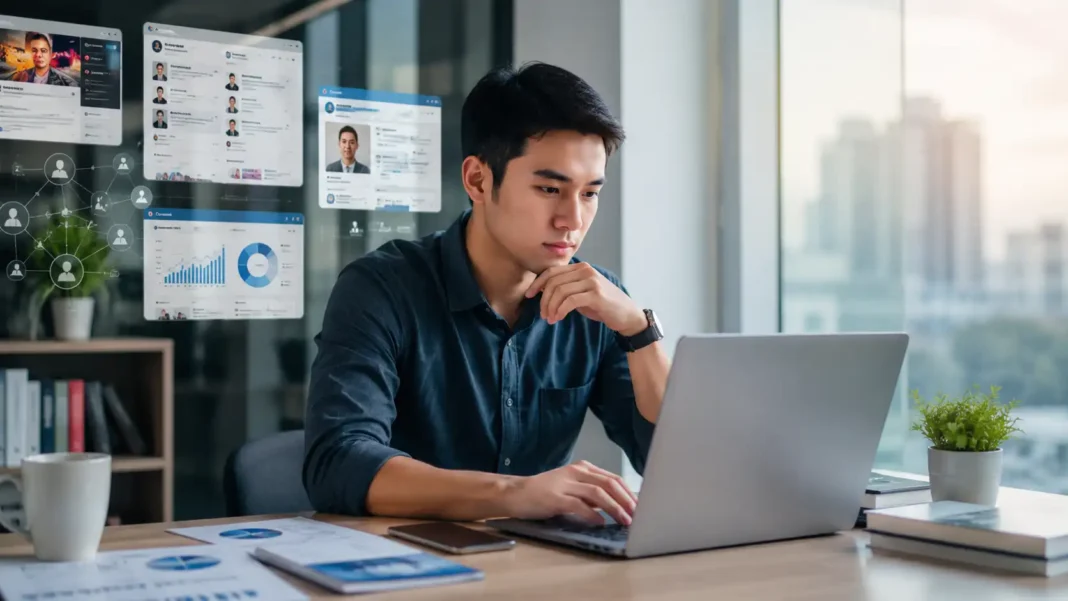 Seorang profesional sedang membangun personal branding melalui laptop, media sosial, website, dan jaringan digital di ruang kerja modern.