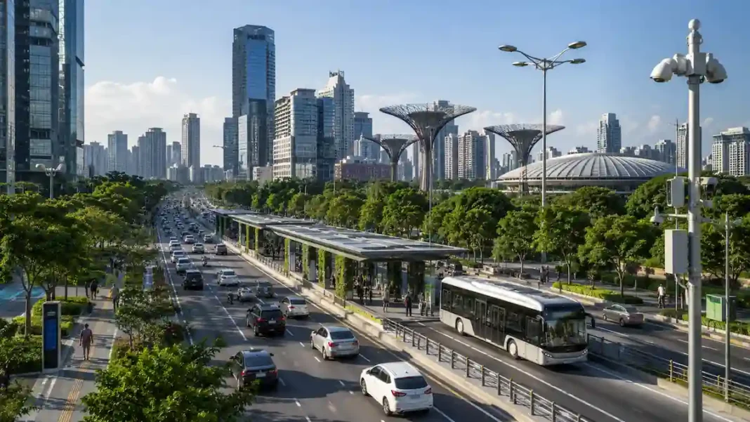 anskap kota modern dengan gedung pintar, jaringan transportasi digital, ruang hijau, sensor IoT, dan masyarakat yang memanfaatkan teknologi dalam aktivitas sehari-hari.