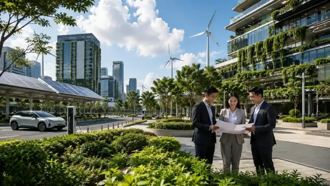 Pemandangan kota modern dengan gedung ramah lingkungan, panel surya, ruang hijau, dan pebisnis yang berdiskusi mengenai konsep Green Economy.
