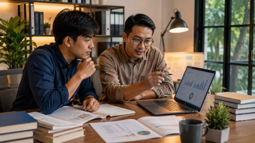Mahasiswa berdiskusi dengan mentor akademik mengenai penelitian dan skripsi di ruang konsultasi